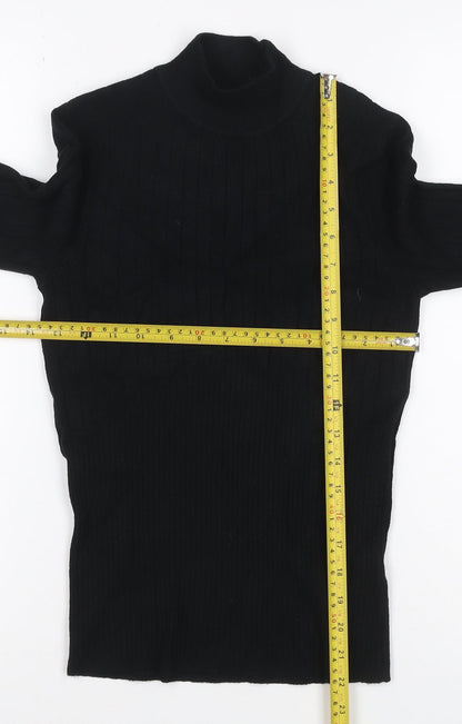 M&S Women Black UK 10 Ribbed Roll Neck Button Sleeve Jumper