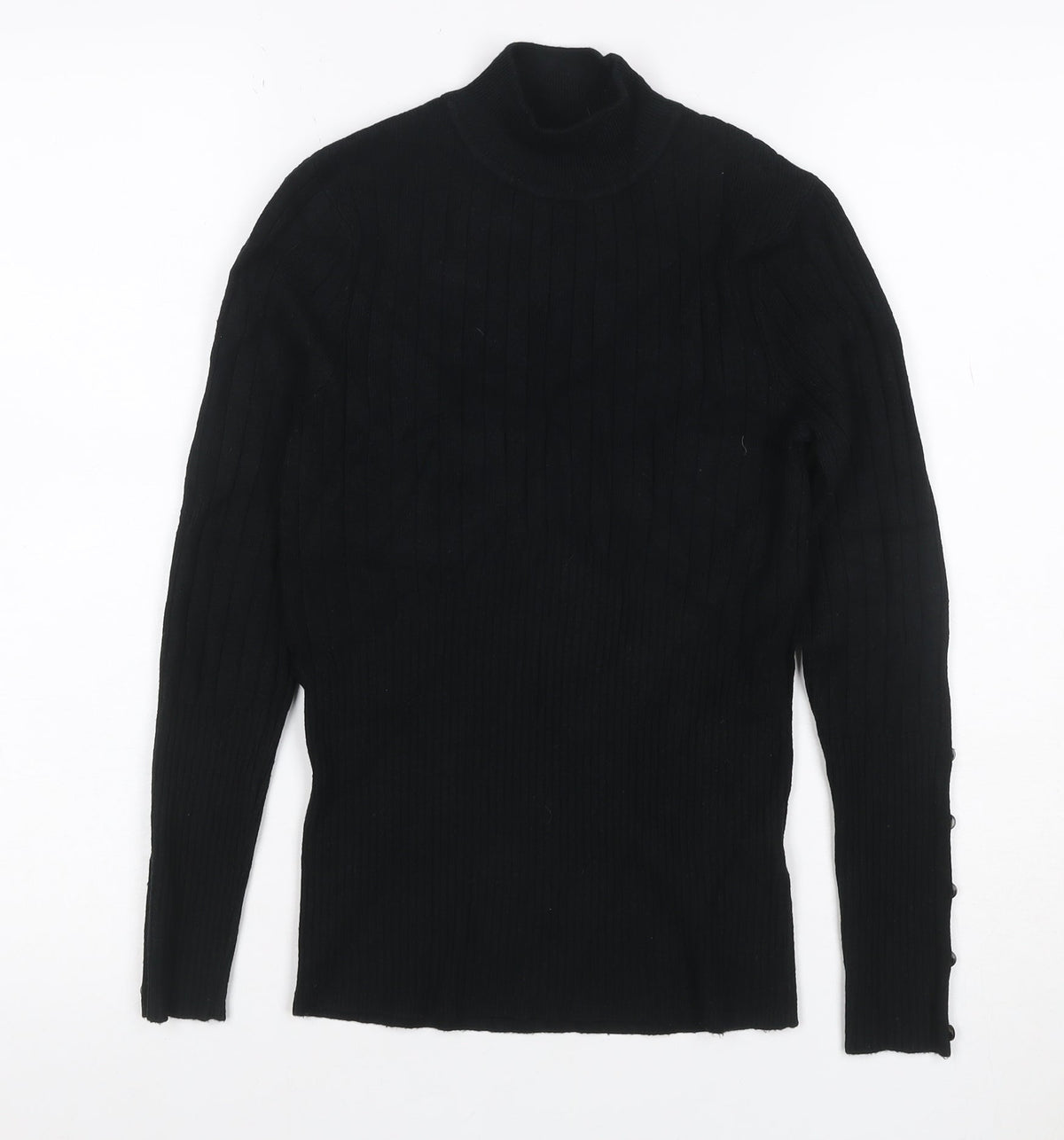 M&S Women Black UK 10 Ribbed Roll Neck Button Sleeve Jumper