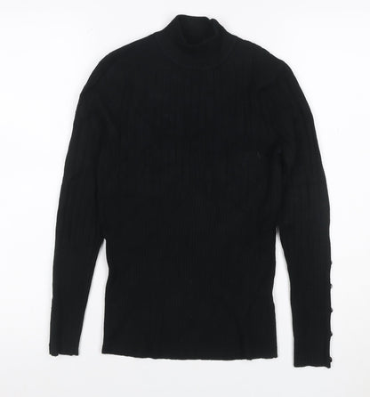 M&S Women Black UK 10 Ribbed Roll Neck Button Sleeve Jumper