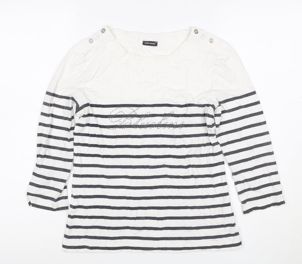 Gerry Weber Women White Black Stripe Paris Rhinestone Jersey Top UK 40
