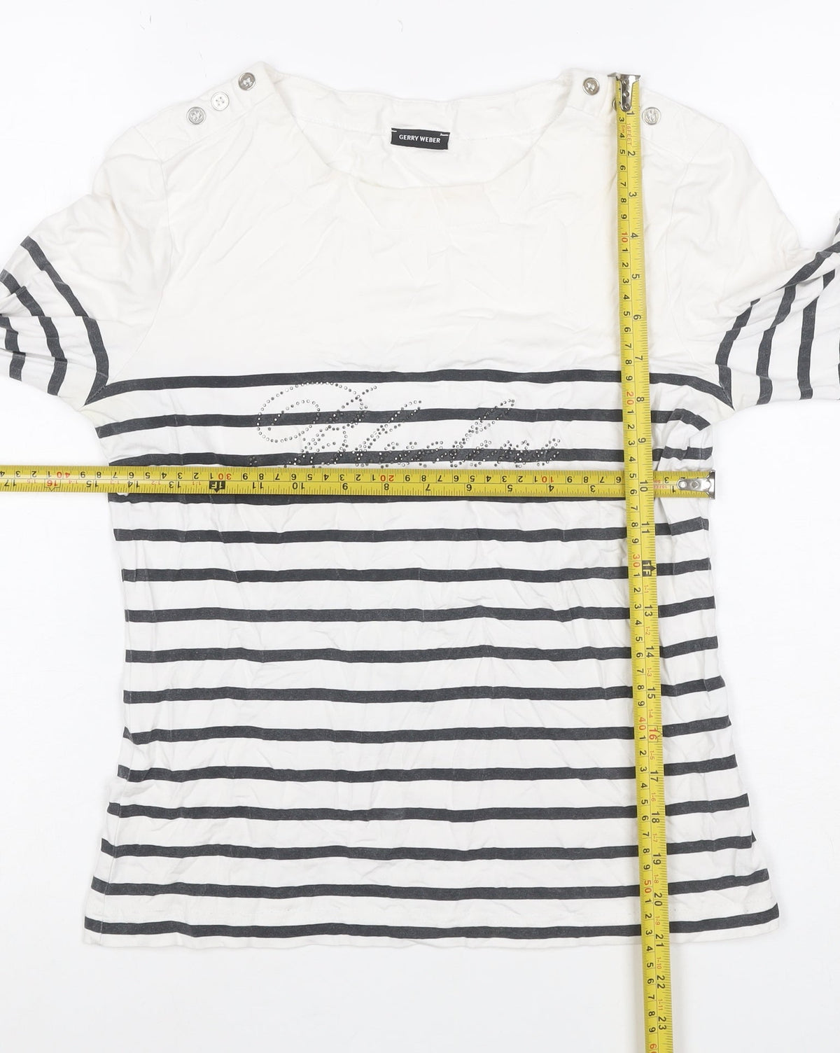 Gerry Weber Women White Black Stripe Paris Rhinestone Jersey Top UK 40