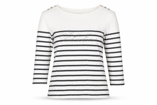 Gerry Weber Women White Black Stripe Paris Rhinestone Jersey Top UK 40