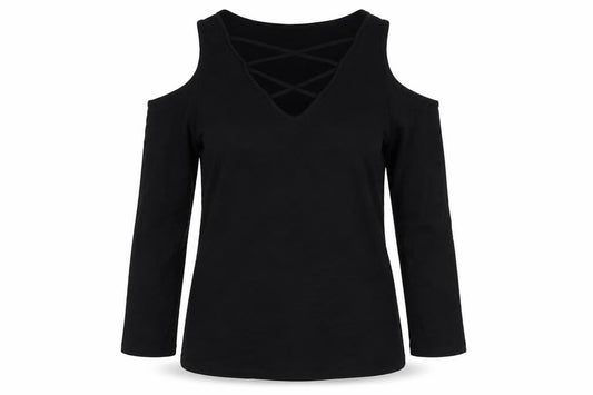 Lipsy Women Black UK 10 Cold Shoulder V-Neck Stretch Blouse