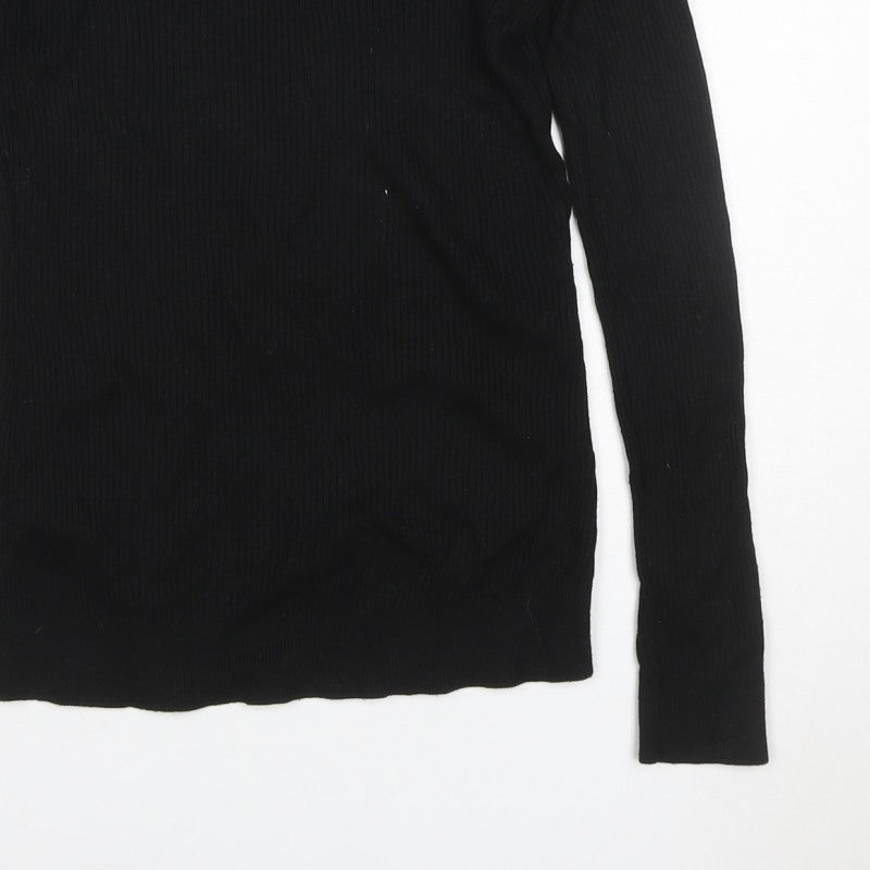 Warehouse Women Black UK 12 Rib Knit High Neck Long Sleeve Slim Top