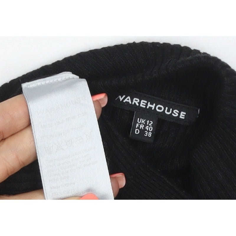 Warehouse Women Black UK 12 Rib Knit High Neck Long Sleeve Slim Top