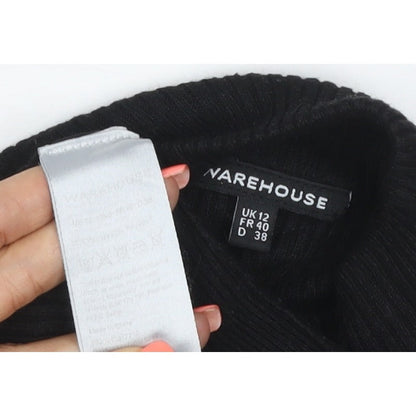 Warehouse Women Black UK 12 Rib Knit High Neck Long Sleeve Slim Top