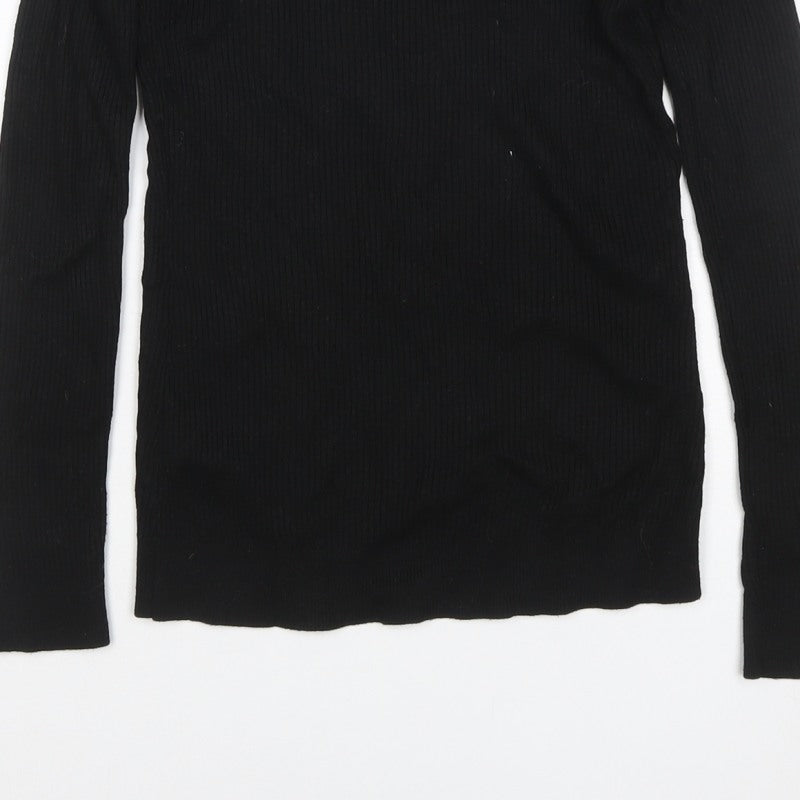 Warehouse Women Black UK 12 Rib Knit High Neck Long Sleeve Slim Top
