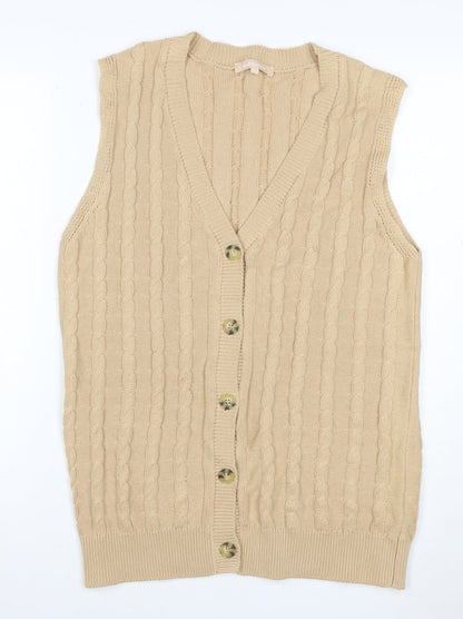 Soft Rebels Women Beige S Cable-Knit V-Neck Button Vest Cardigan