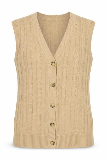 Soft Rebels Women Beige S Cable-Knit V-Neck Button Vest Cardigan