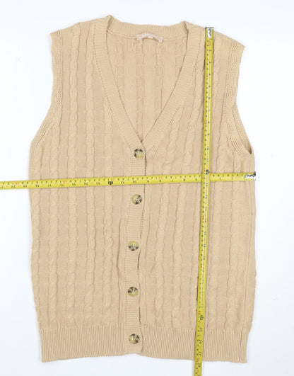 Soft Rebels Women Beige S Cable-Knit V-Neck Button Vest Cardigan
