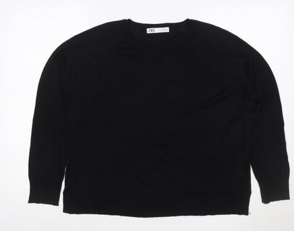 Zara Women Black UK 16 Basic Knit Long Sleeve Crew Neck Top