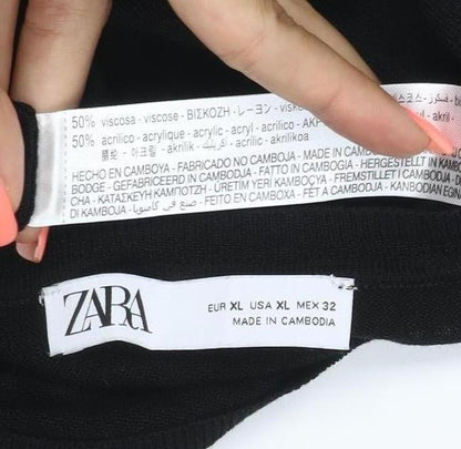 Zara Women Black UK 16 Basic Knit Long Sleeve Crew Neck Top
