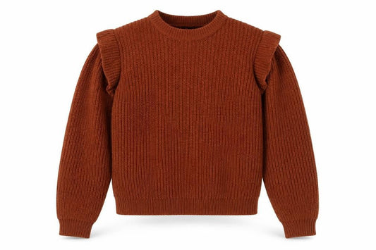 Boohoo Women Brown S Ruffle Shoulder Crew Neck Chunky Knit Jumper