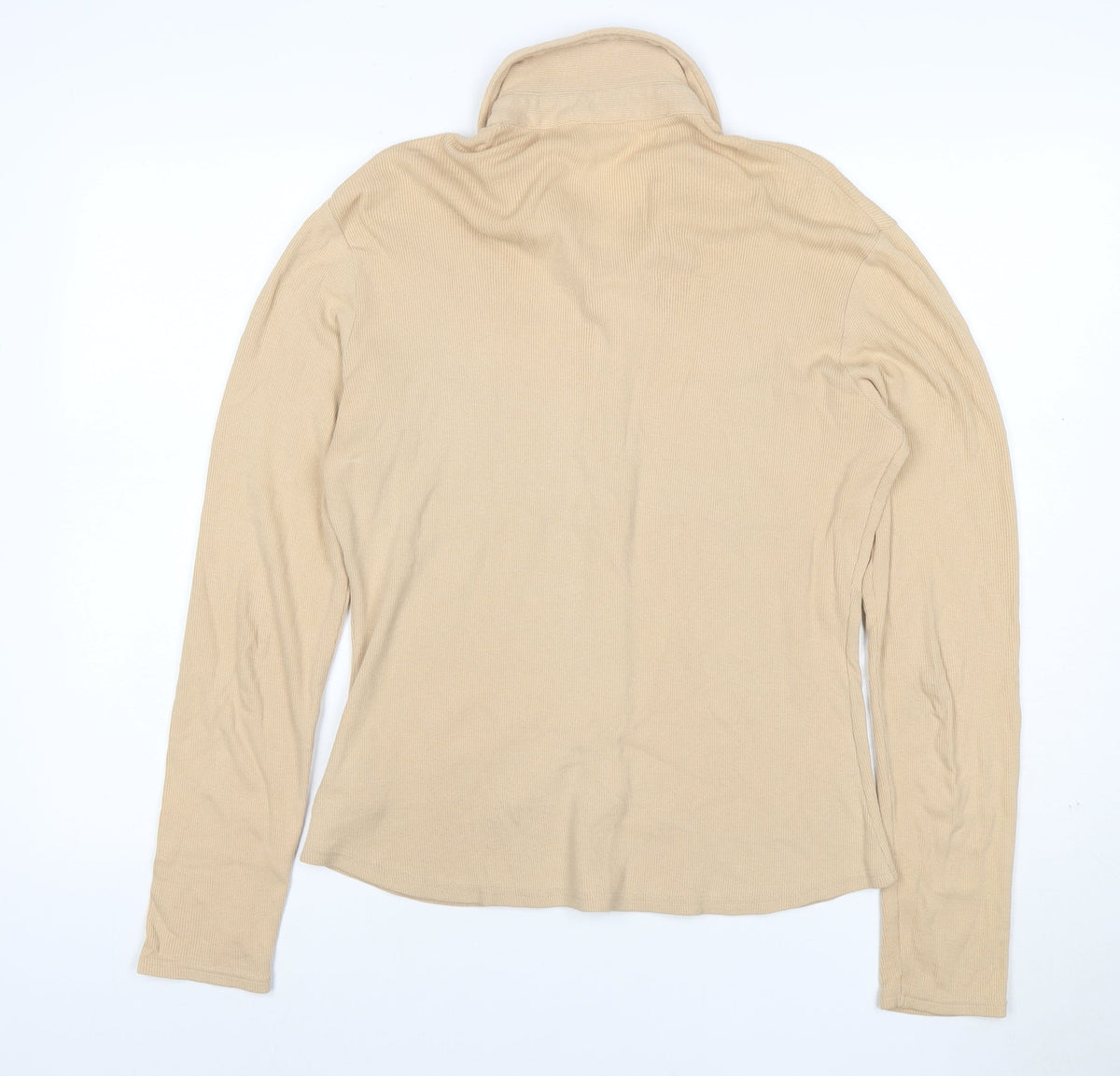 Next Women Beige UK 12 Ribbed Collared Button-Up Long Sleeve Top
