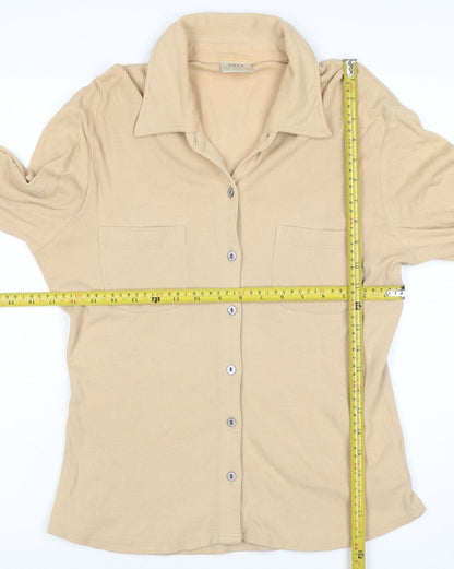 Next Women Beige UK 12 Ribbed Collared Button-Up Long Sleeve Top