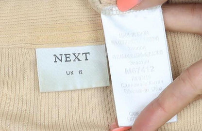Next Women Beige UK 12 Ribbed Collared Button-Up Long Sleeve Top