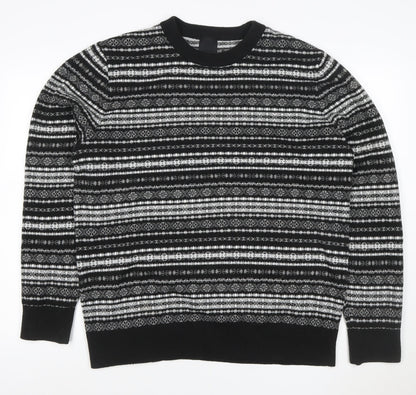 H&M Men Black Grey XL Fair Isle Knit Pullover Jumper Crew Neck