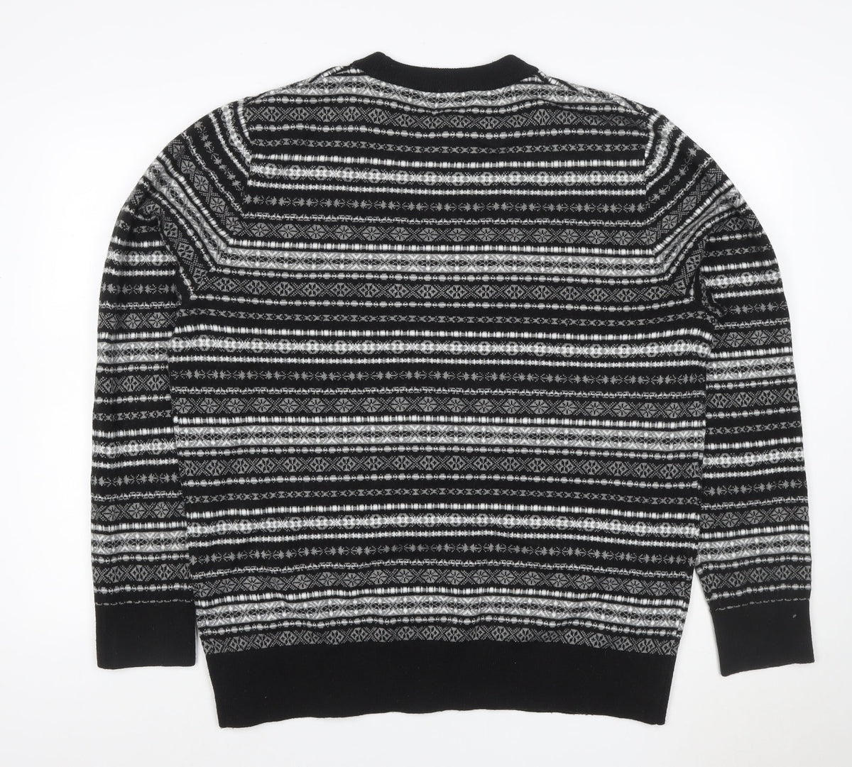 H&M Men Black Grey XL Fair Isle Knit Pullover Jumper Crew Neck