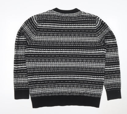 H&M Men Black Grey XL Fair Isle Knit Pullover Jumper Crew Neck