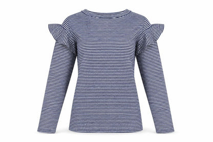 Saylor Women Blue White UK 12 M Striped Ruffle Long Sleeve Knit Top