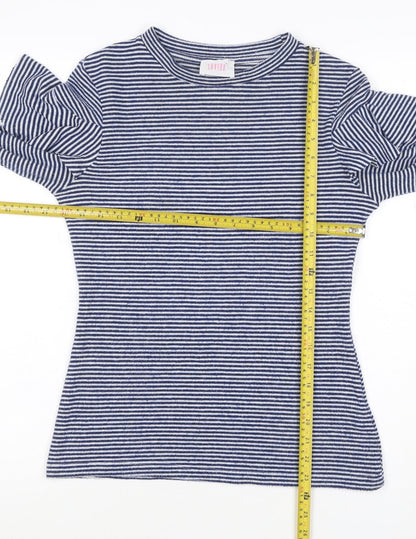Saylor Women Blue White UK 12 M Striped Ruffle Long Sleeve Knit Top