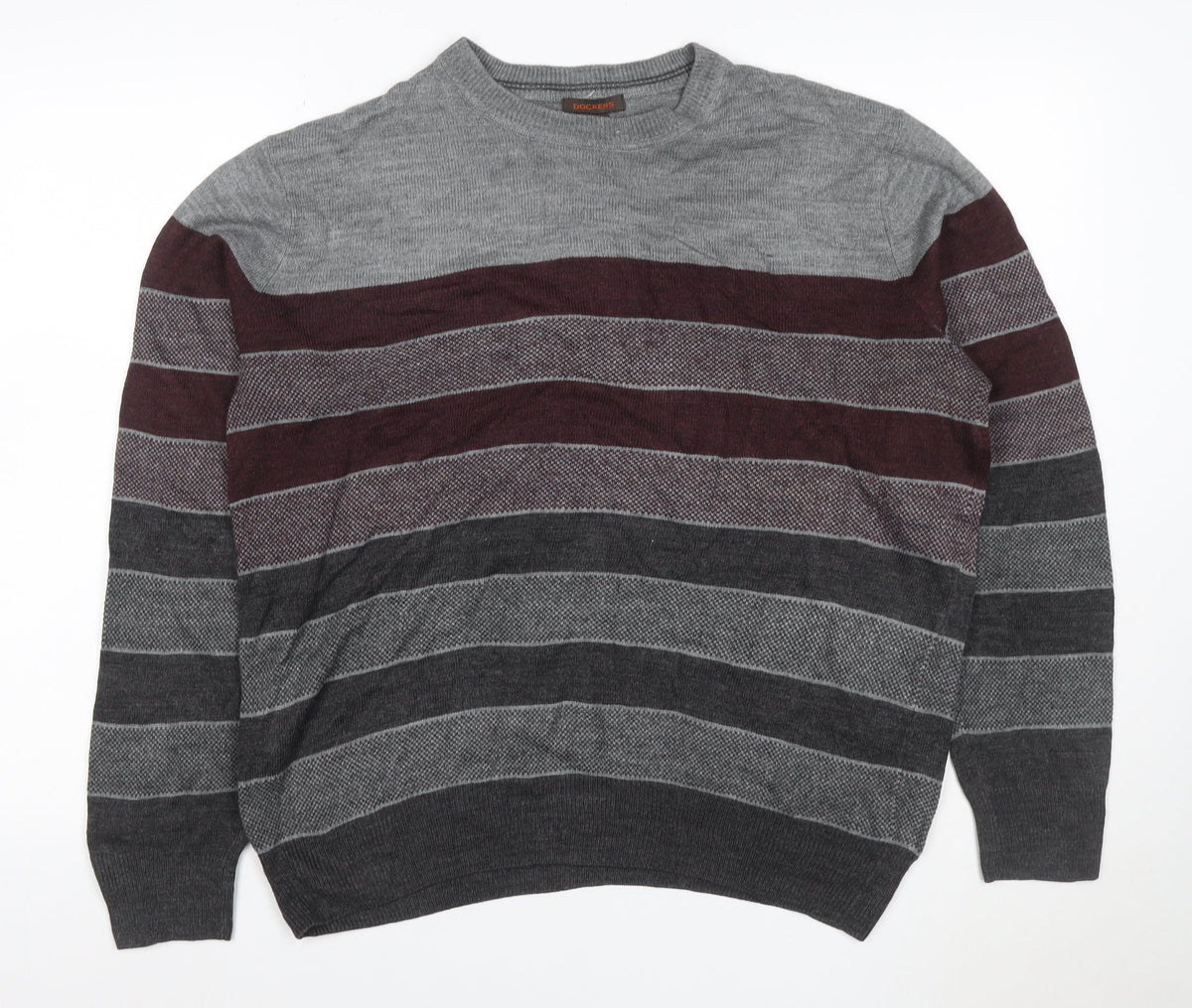 Dockers Men's Grey Burgundy M Crew Neck Striped Acrylic Pullover Jumper