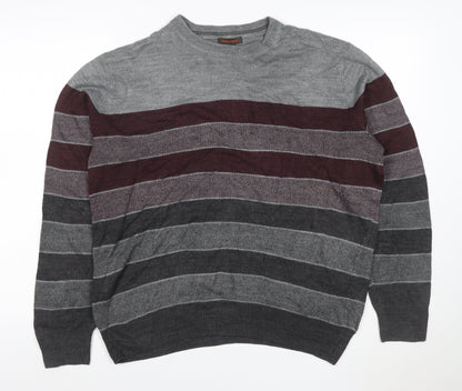 Dockers Men's Grey Burgundy M Crew Neck Striped Acrylic Pullover Jumper