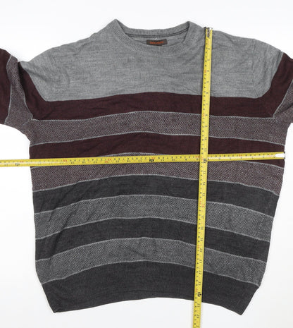 Dockers Men's Grey Burgundy M Crew Neck Striped Acrylic Pullover Jumper