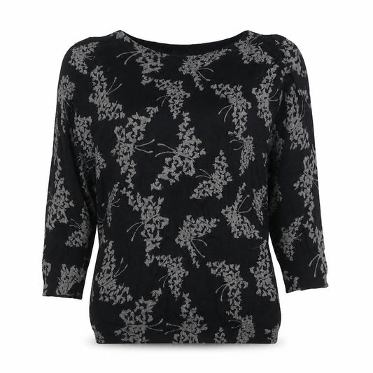 Next Women Black Grey Floral Knit Top Size 8 3/4 Sleeve Crew Neck