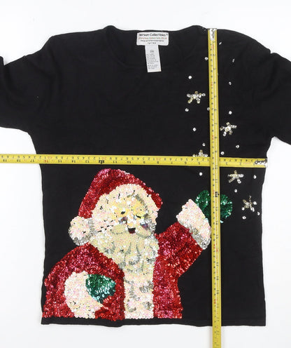 Heirloom Collectibles Women Black M Petite Sequin Santa Christmas Knit Top