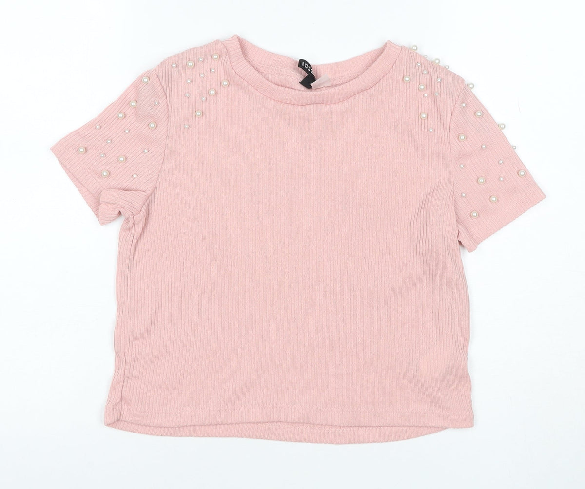 C&A Women Pink S Ribbed Pearl Puff Sleeve Knit T-Shirt