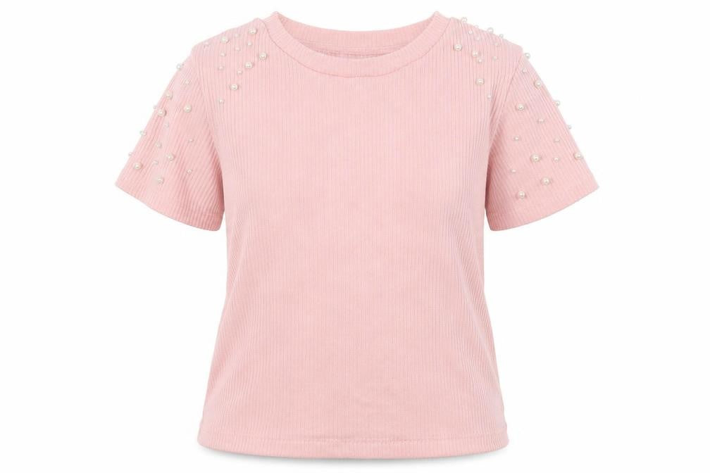 C&A Women Pink S Ribbed Pearl Puff Sleeve Knit T-Shirt