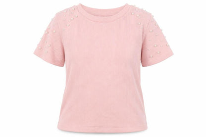 C&A Women Pink S Ribbed Pearl Puff Sleeve Knit T-Shirt