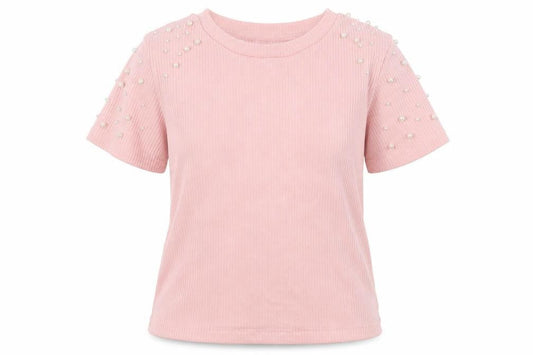 C&A Women Pink S Ribbed Pearl Puff Sleeve Knit T-Shirt