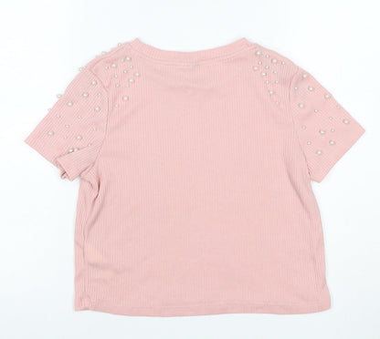 C&A Women Pink S Ribbed Pearl Puff Sleeve Knit T-Shirt