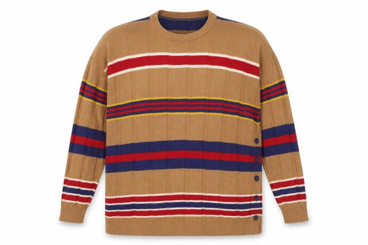 Front view of United Colors of Benetton unisex multicoloured striped wool jumper uk 16 crew neck
