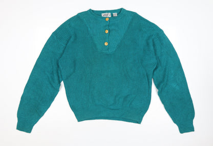 Vibes Women’s Blue Ramie Cotton L Henley Raglan Knit Jumper