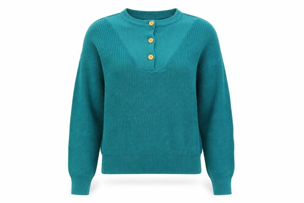 Vibes Women’s Blue Ramie Cotton L Henley Raglan Knit Jumper
