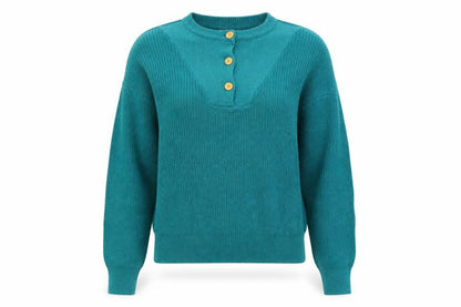Vibes Women’s Blue Ramie Cotton L Henley Raglan Knit Jumper