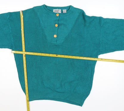 Vibes Women’s Blue Ramie Cotton L Henley Raglan Knit Jumper