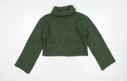 Zara Women Green M Chunky Knit Roll Neck Pullover Jumper