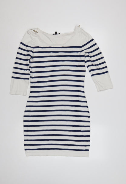 Morgan Women White Striped M Bodycon Knit Knee Dress