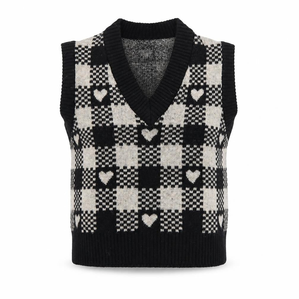 Front view of ANYDAY John Lewis Women Black Beige M V-Neck Heart Check Knit Vest