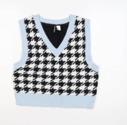 H&M Divided Women Blue Black Houndstooth Knit V-Neck Vest UK 12