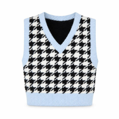 H&M Divided Women Blue Black Houndstooth Knit V-Neck Vest UK 12