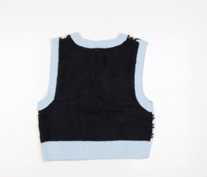 H&M Divided Women Blue Black Houndstooth Knit V-Neck Vest UK 12