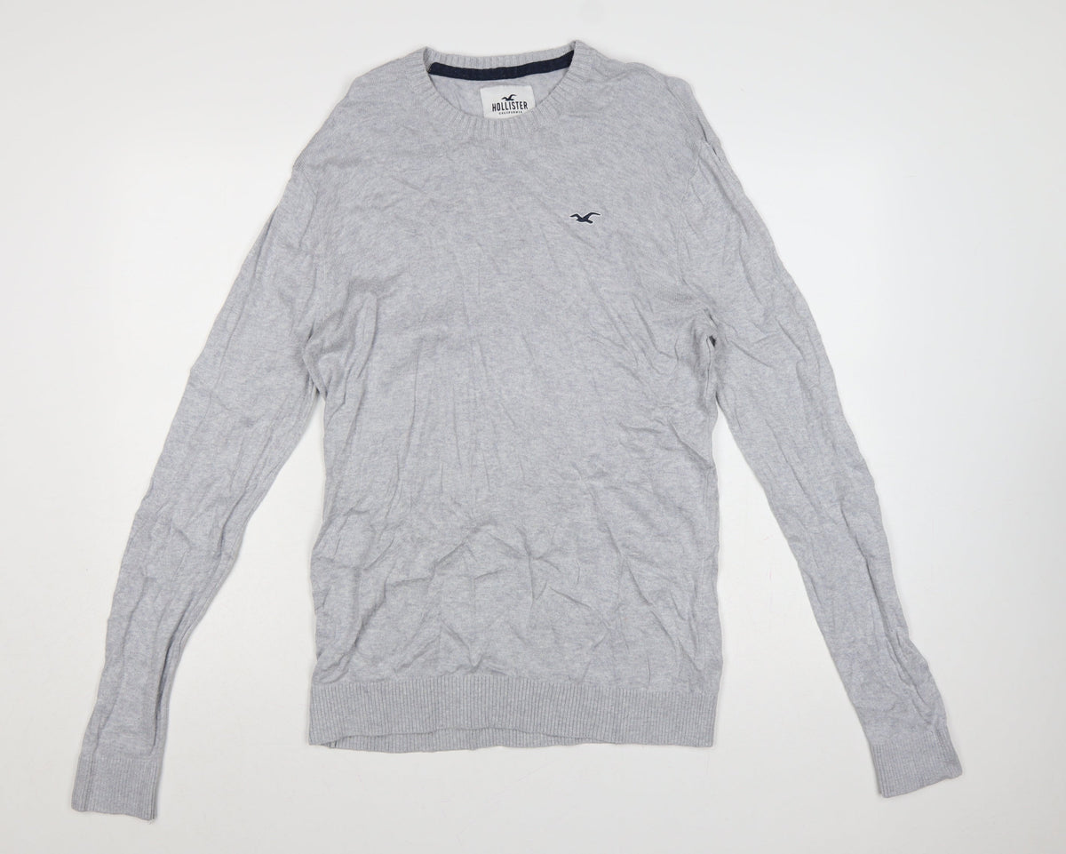 Hollister Men Grey L Crew Neck Logo Cotton Blend Knit Pullover Jumper