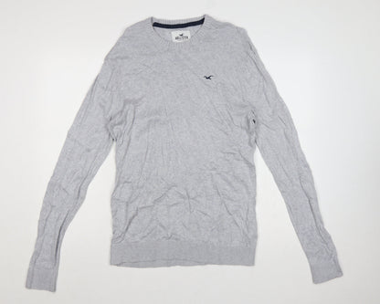 Hollister Men Grey L Crew Neck Logo Cotton Blend Knit Pullover Jumper