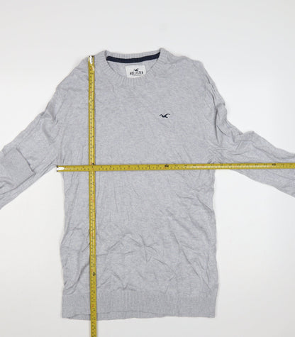 Hollister Men Grey L Crew Neck Logo Cotton Blend Knit Pullover Jumper