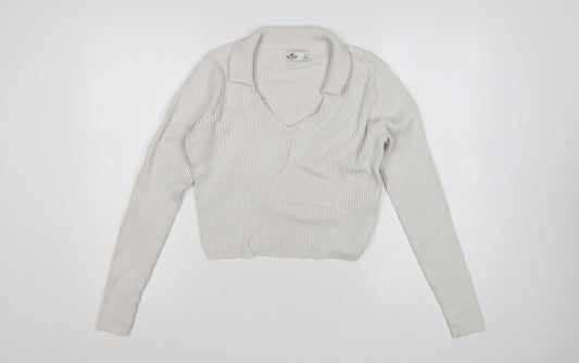 Hollister Women Ivory L Ribbed V-Neck Collared Knit Jumper
